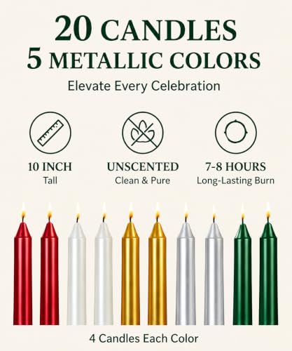 Metallic Taper Candles Set - 4 White, 4 Red, 4 Green, 4 Gold, 4 Silver, 10 Inch