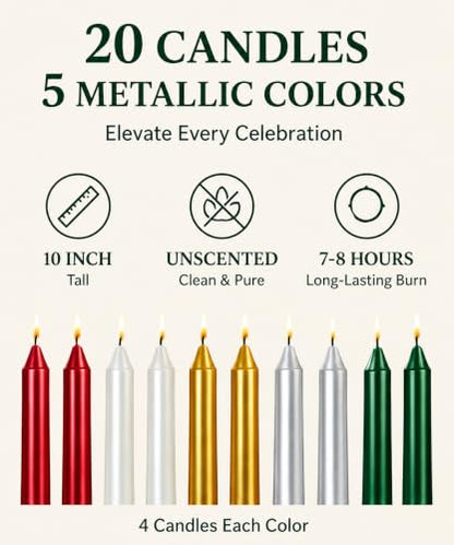 Metallic Taper Candles Set - 4 White, 4 Red, 4 Green, 4 Gold, 4 Silver, 10 Inch