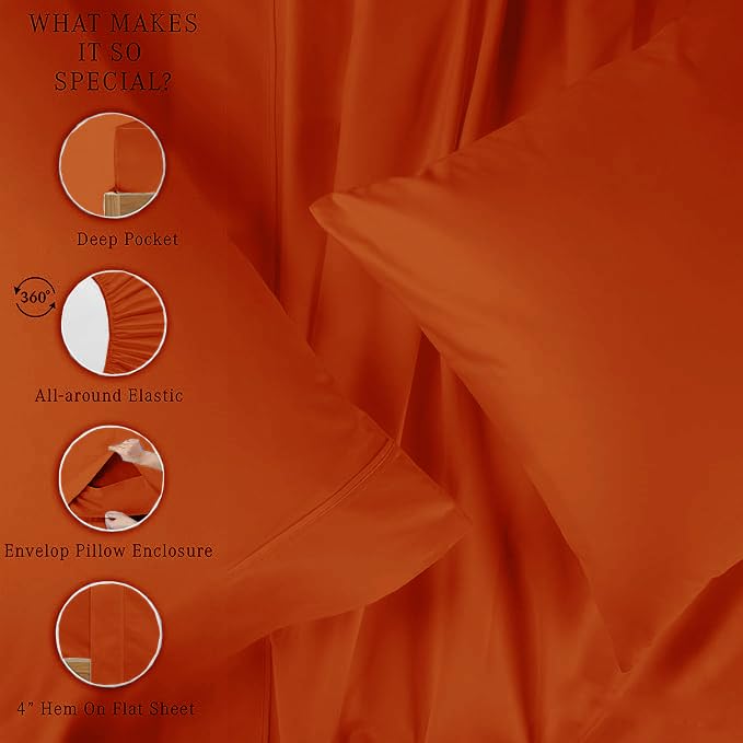 Full Size Egyptian Cotton Sheet Set 1000 Thread Count Burnt Orange - 4 Piece