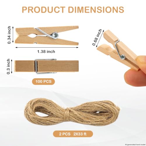 Mini Wooden Clothespins for Photos and Crafts - 100 Pack with 2 Jute Strings