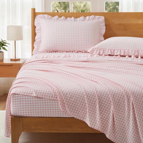 Gingham Ruffle Queen Bed Sheet Set - Pink Microfiber Plaid Bedding
