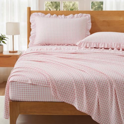 Gingham Ruffle Queen Bed Sheet Set - Pink Microfiber Plaid Bedding