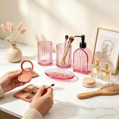 Pink Glass Bathroom Accessories Set with Toothbrush Holder - 14oz