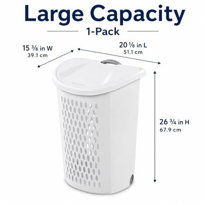 135L White Wheeled Plastic Laundry Hamper with Lid - Large Capacity, Portable