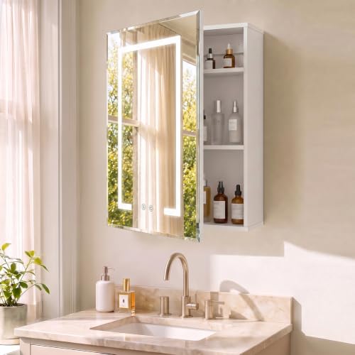 Lighted Bathroom Medicine Cabinet with Mirror and Heating Function, White