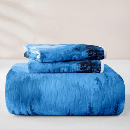 Blue Smoky Mountain Quilted Bedspread Set - Misty Pine, King Size