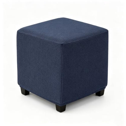 Navy Blue Stretch Jacquard Square Ottoman Cover - Washable Slipcover for 13-18 Inch Cube Footstools