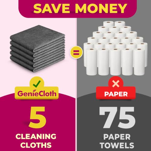 GenieCloth Microfiber Cleaning Cloth 5-Pack - Streak-Free, Lint-Free, Multi-Surface