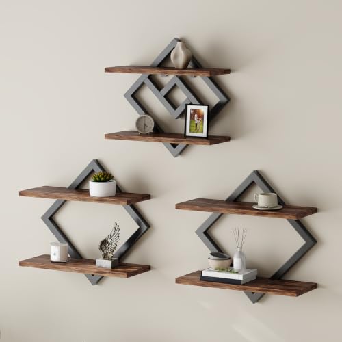 2-Tier Wooden Floating Wall Shelves Set - Brown, 3 Pieces