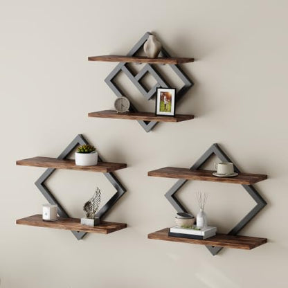 2-Tier Wooden Floating Wall Shelves Set - Brown, 3 Pieces