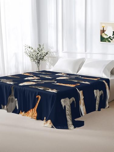 Twin XL Flat Sheet - Cartoon Cats Microfiber Bed Sheets in Yellow Cream Brown Variation