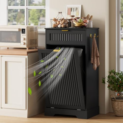 13 Gallon Tilt Out Trash Can Cabinet with Deodorising Function - Black / 20.28"W x 13.98"D x 38.58"H