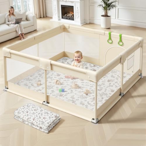 Baby Playpen with Mat Beige 47x47in Safety & Soft Cushioned Toddler Play Area