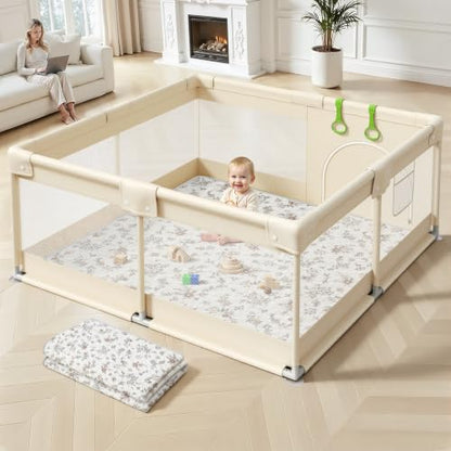 Baby Playpen with Mat Beige 47x47in Safety & Soft Cushioned Toddler Play Area