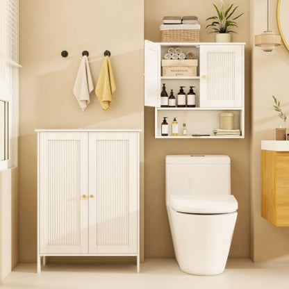 White Fluted Bathroom Storage Cabinet & Medicine Cabinet Set