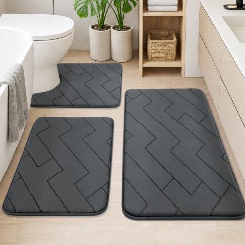 YIHOUSE 3-Piece Bathroom Rug Set Dark Grey Geometric Memory Foam Bath Mats