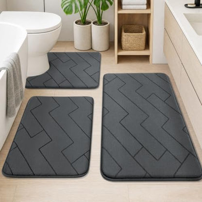 YIHOUSE 3-Piece Bathroom Rug Set Dark Grey Geometric Memory Foam Bath Mats