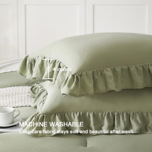 Sage Green Double Ruffle Comforter Set Queen Size Farmhouse Bedding - Soft Pre-Washed Fabric