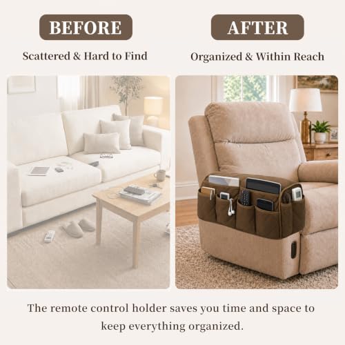 Brown Remote Control Holder for Armchair Caddy with 14 Pockets - Full Wrap Design