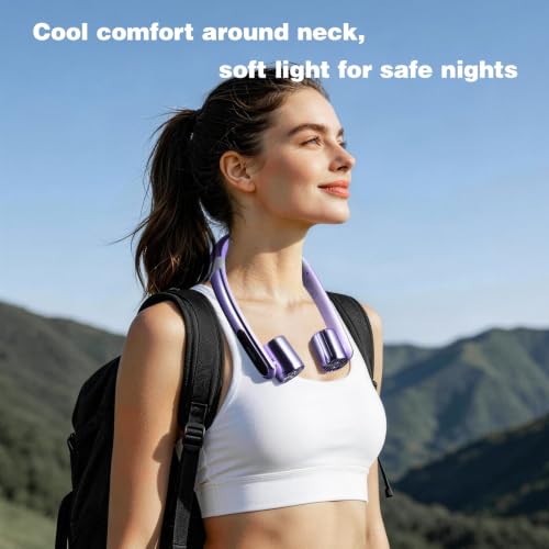 Purple Portable Neck Fan with Book Light Hands-Free Wearable Cooling Device