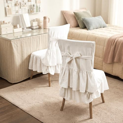 White Ruffled Chair Cover Set with Seat Cushion | Linen Dining Chair Slipcover