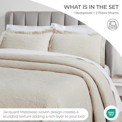 Oversized Cotton Bedspread Set - King / Beige - 3 Piece Decorative Bedding