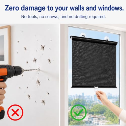Blackout Window Shades 21W x 42H No Drill Retractable Roller Blinds with Suction Cups