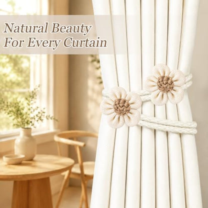 Cream Flower Curtain Tiebacks 2 Pack with Adjustable Rope & Wooden Bead - No Drill Decor