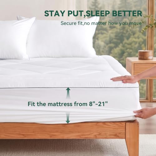 Luxury Queen Mattress Pad 8-21 Inch Deep Pocket Tencel Lyocell Bedding - White