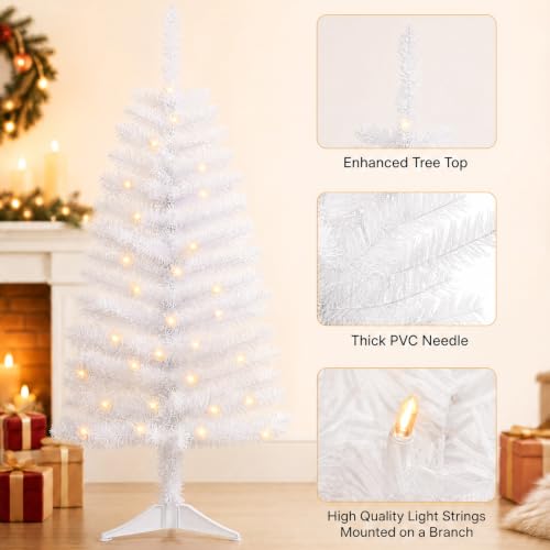 White Artificial Christmas Tree with Lights - 4ft Holiday Decor - Variation: White