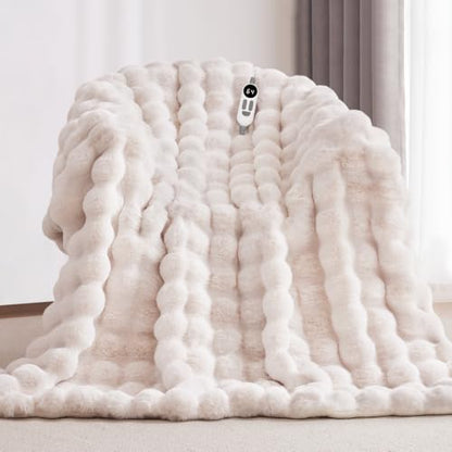 Electric Heated Blanket Throw with 6 Heat Levels and Auto-Off 50x60 White Faux Rabbit Fur