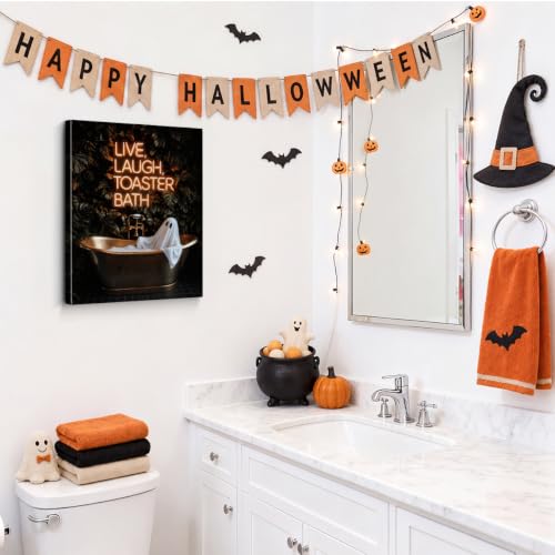 Ghost Bubble Bath Neon Sign Scene - 8x10 Inch Halloween Canvas Wall Art - Spooky Bathroom Decor