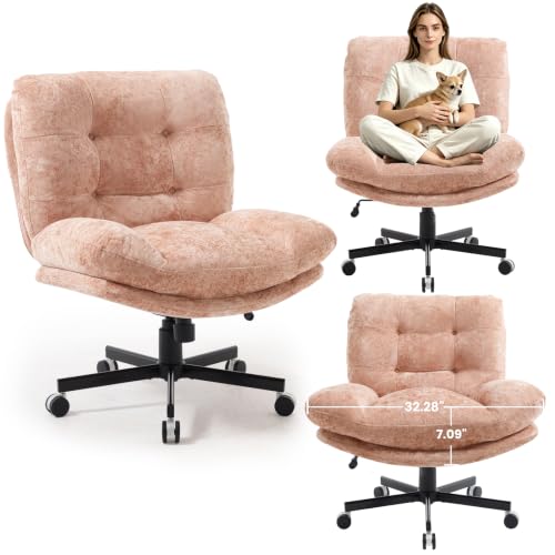 Pink Wide Plush Office Desk Chair with Criss Cross Rolling Design - Comfortable & Adjustable