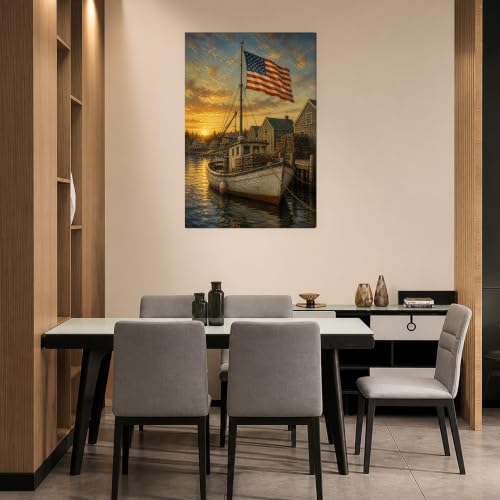 Vintage Patriotic Wall Art - Maine Fishing Boat with American Flag, 16x24 Inches - Wrapped Canvas
