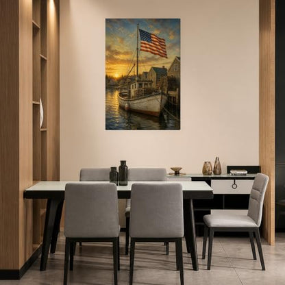 Vintage Patriotic Wall Art - Maine Fishing Boat with American Flag, 16x24 Inches - Wrapped Canvas