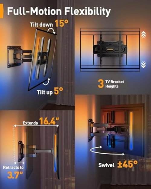 Perlegear AuraFrame™ Pre-Assembled TV Wall Mount with LED Lights for 26-65 inch TVs up to 99 lbs, Max VESA 400x400mm, Swivel, Extension, Tilt, TV Backlights with Music Sync, Fits 16”/12” Wood Studs