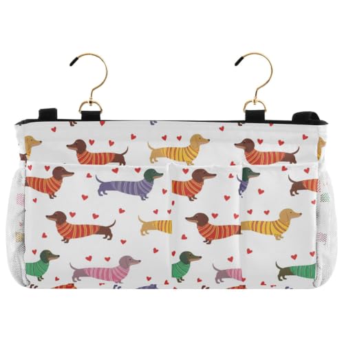 Dog Print Bedside Caddy Organizer for Dorm & Bunk Beds with Hooks