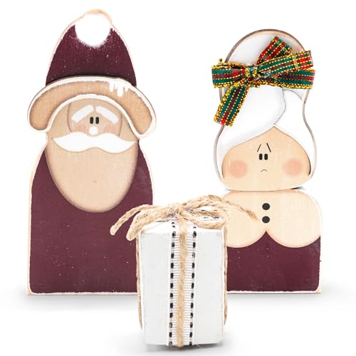 Christmas Decorations Wooden Santa Claus Couple Table Centerpieces - 3 Pcs - Holiday Home Decor