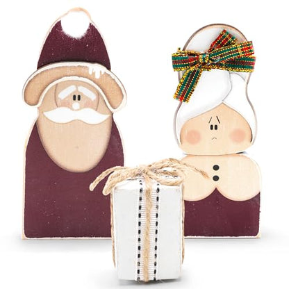 Christmas Decorations Wooden Santa Claus Couple Table Centerpieces - 3 Pcs - Holiday Home Decor
