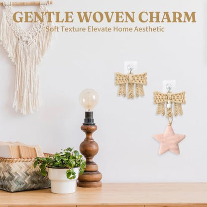 4 Pack Handwoven Rattan Bow Wall Hooks - Boho Decorative Wall Hangings