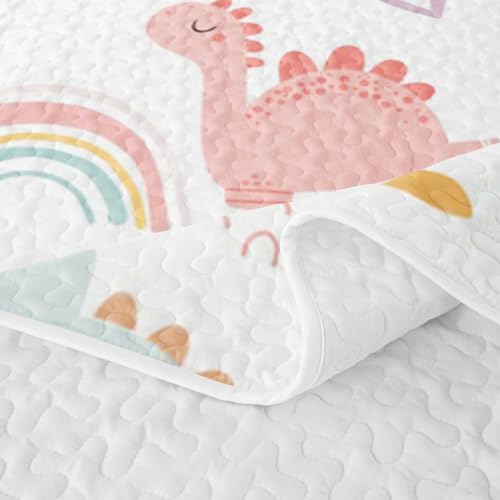 Pink Green Dinosaur Quilt Set Twin Size with Pillowcase - Cartoon Dino Bedspread for Kids