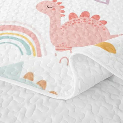 Pink Green Dinosaur Quilt Set Twin Size with Pillowcase - Cartoon Dino Bedspread for Kids