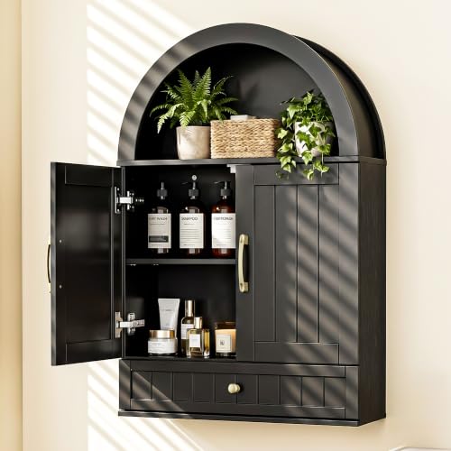 Farmhouse Wall Cabinet with Drawer - 34.7 x 23.6 x 8.4 Inches, Black Arched Bathroom Storage