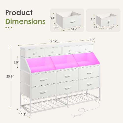 2-in-1 Dresser with 10 Drawers, Shoe Rack & LED Lighting - White Variation