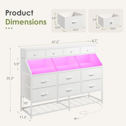 2-in-1 Dresser with 10 Drawers, Shoe Rack & LED Lighting - White Variation