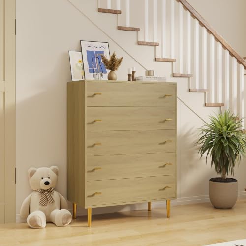 5-Drawer Dresser for Bedroom, 44" Wide, Natural Wood Grain with Gold Handles (31.5"D x 15.6"W x 43.2"H) — 5 Deep Drawers