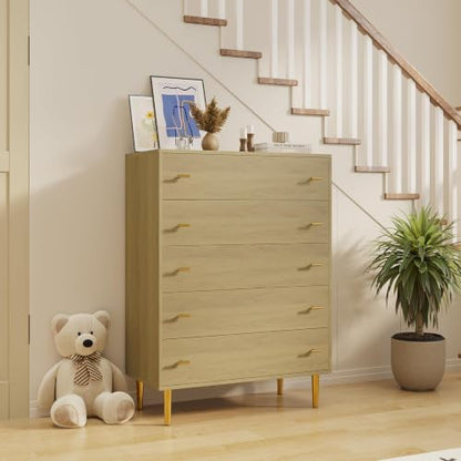 5-Drawer Dresser for Bedroom, 44" Wide, Natural Wood Grain with Gold Handles (31.5"D x 15.6"W x 43.2"H) — 5 Deep Drawers