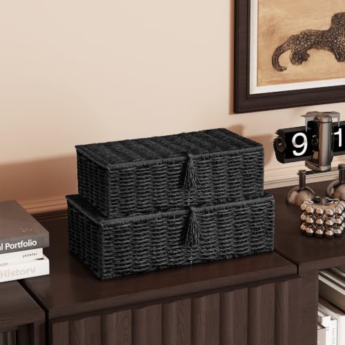 Black Wicker Storage Baskets with Lids - Set of 2 Handwoven Organizers