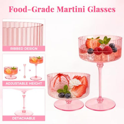 Pink Martini Glass Set 10 Oz Plastic Ribbed Coupe Glasses - Variation of Pink 24