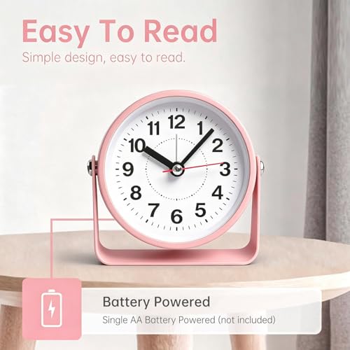 Pink 3.5-Inch Retro Analog Alarm Clock Silent Metal Table Desk Clock with Light